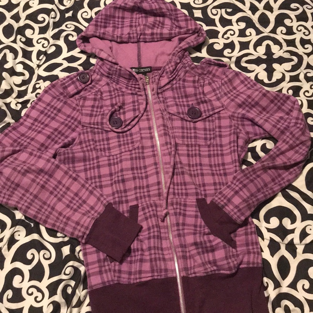 Purple/pink plaid military style zip up hoodie
